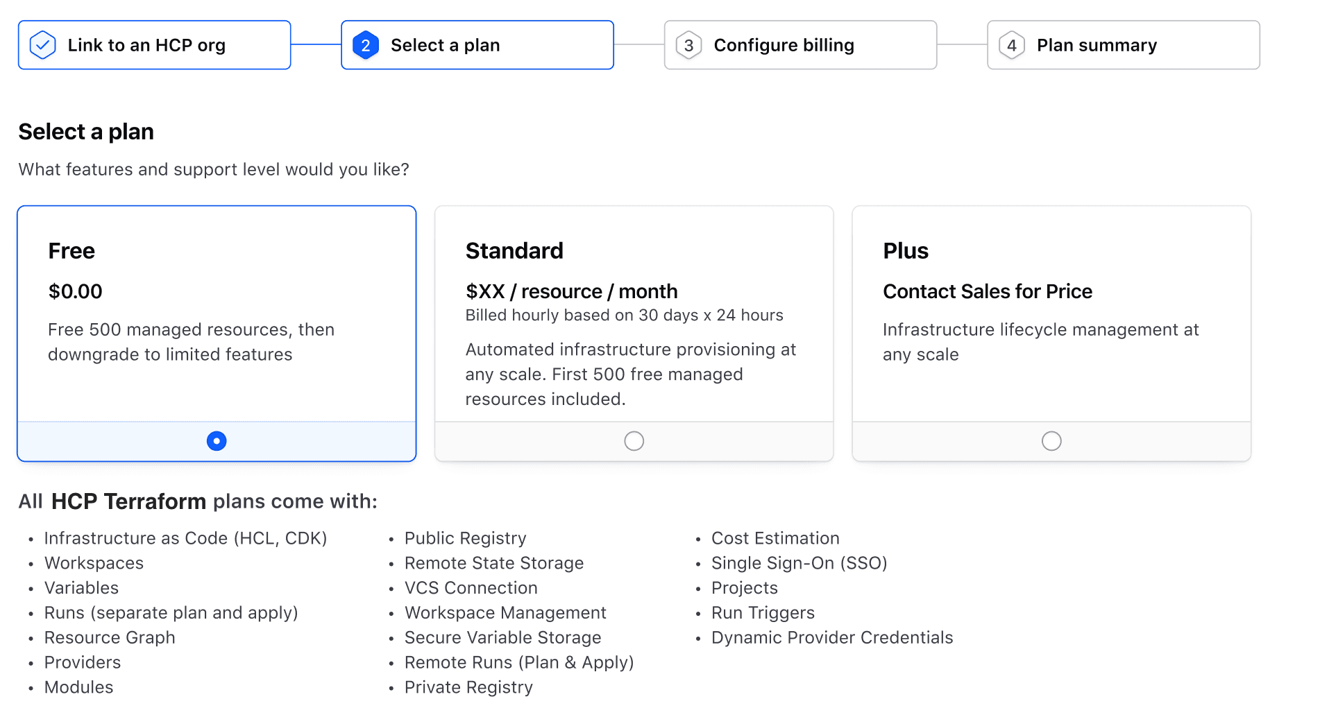 Screenshot: The prompt allowing the user to select their HCP Terraform plan. Three choices are shown: Free, Standard, and Plus