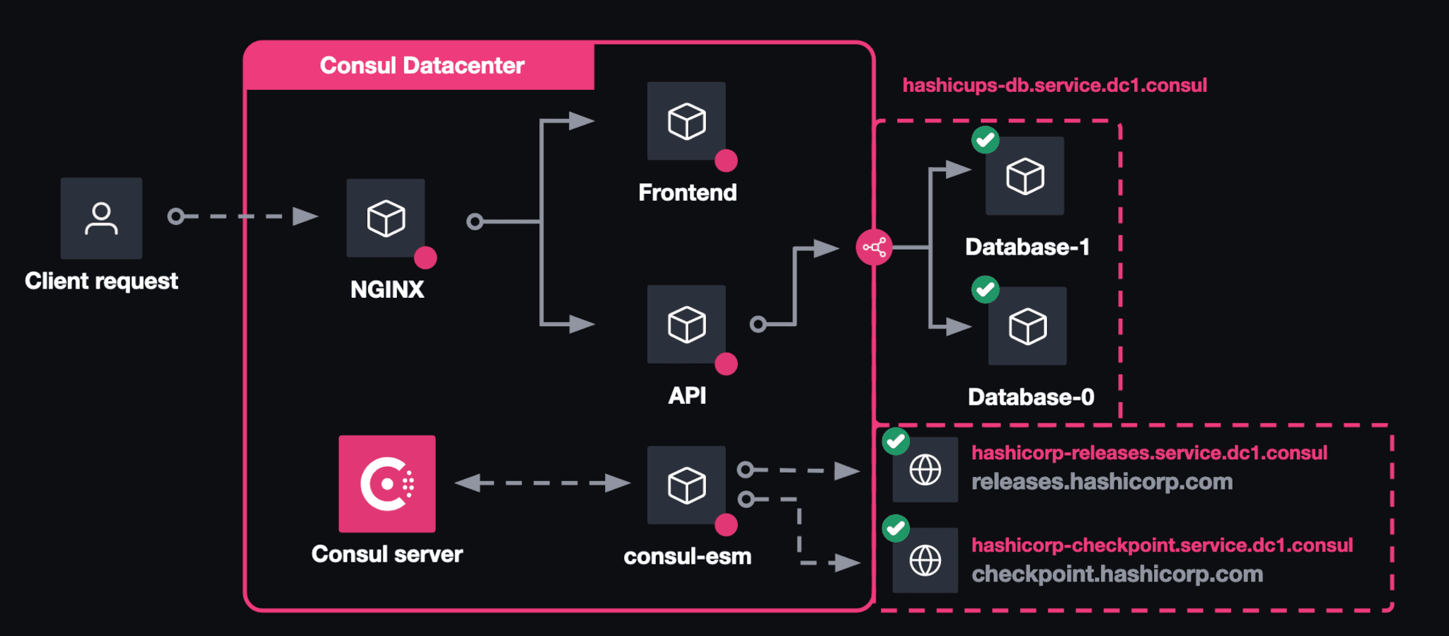 Architecture diagram. Consul ESM monitors the health of two HTTP endpoints and reports their status to the Consul server. Consul ESM resolves the endpoints through Consul DNS and the results of the health checks are registered with the Consul catalog.