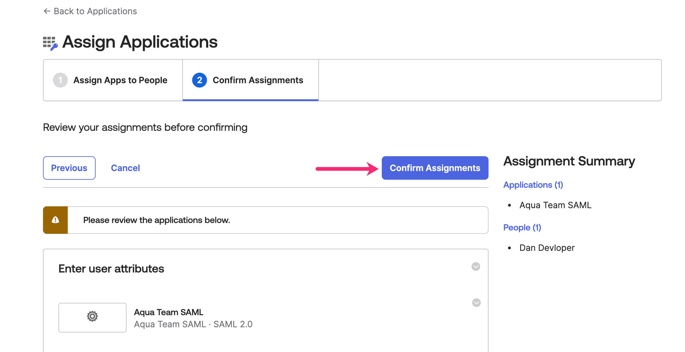 Screenshot showing assigning SAML application