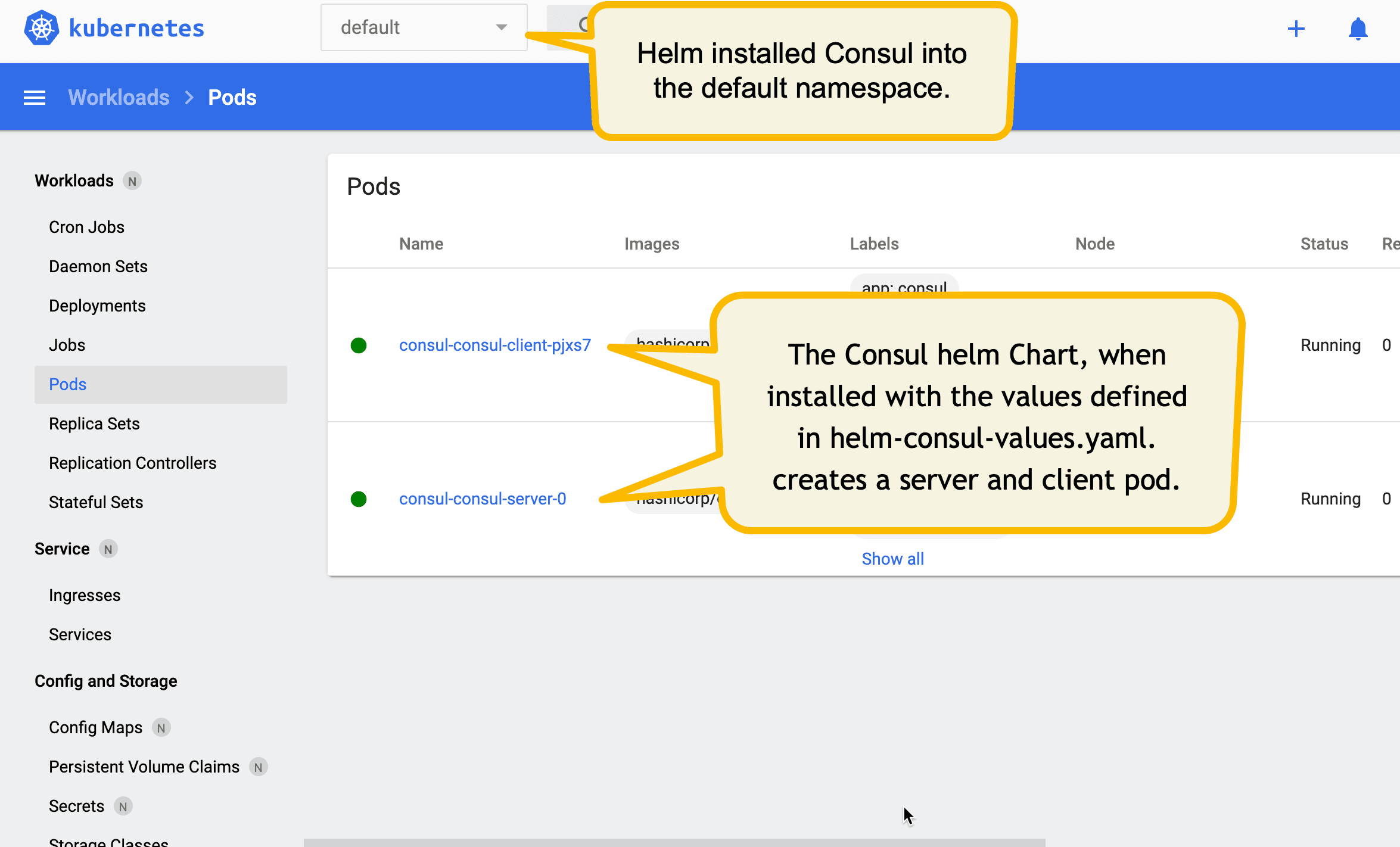 Minikube dashboard showing Consul pods